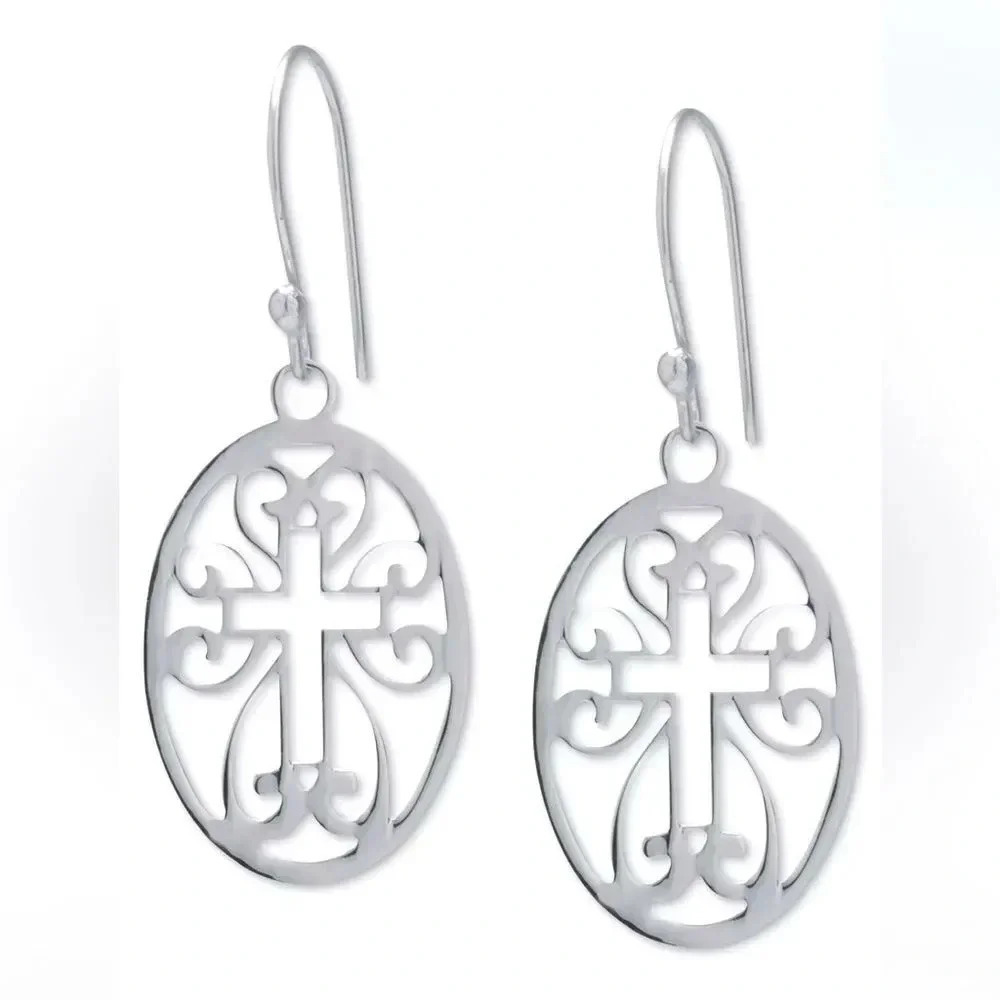 Ethnic Cross Oval Drop Earrings in Sterling Silver